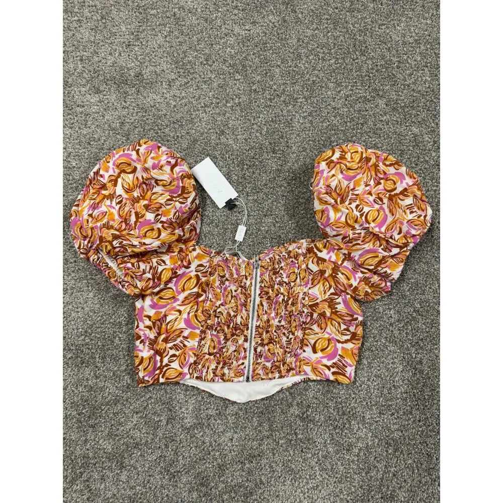 ASTR Floral Puff-Sleeve Crop Top in Pink & Mustard